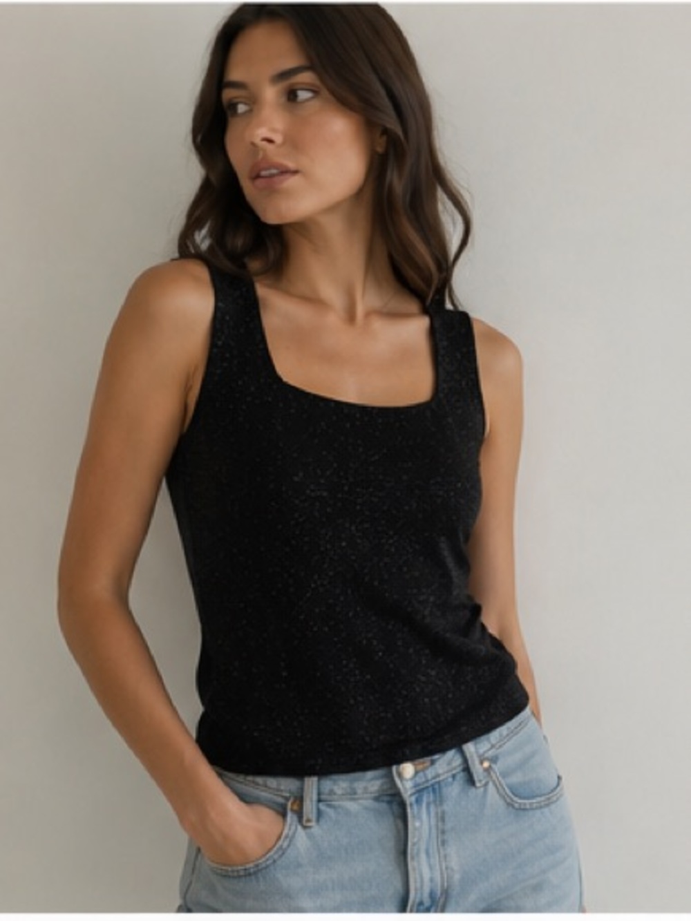 Vintage Nicola stretch shimmer tank midnight black square neck M